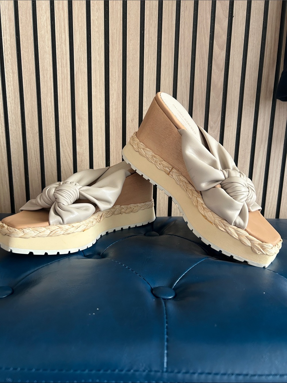 Paloma Barcelo Leather Cream Knotted Platform Espadrille Mules